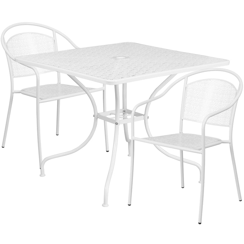 Commercial Grade 35.5" Square White Indoor-Outdoor Steel Patio Table Set with 2 Round Back Chairs