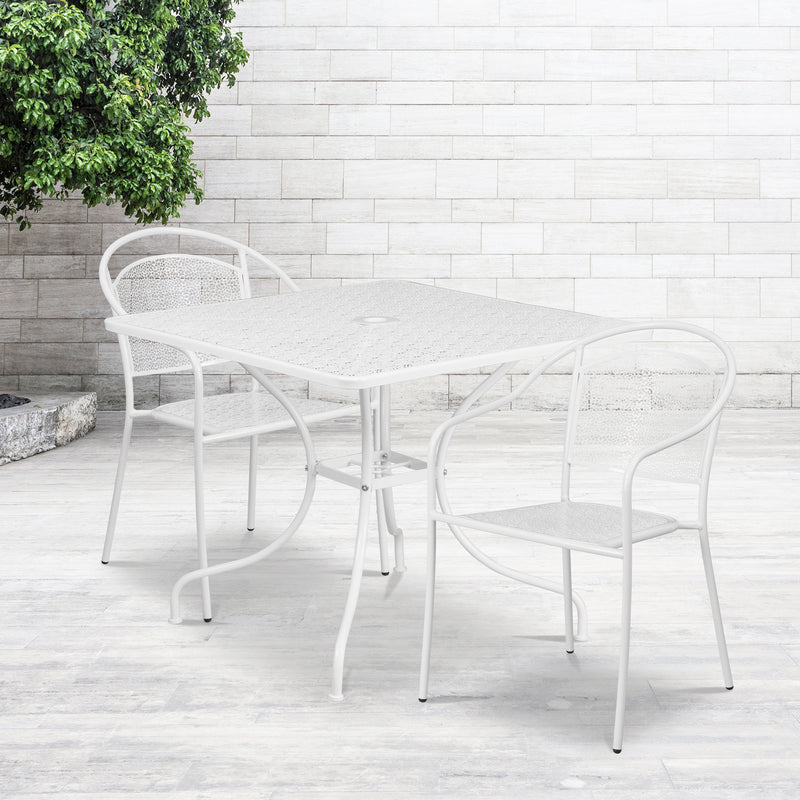 Commercial Grade 35.5" Square White Indoor-Outdoor Steel Patio Table Set with 2 Round Back Chairs