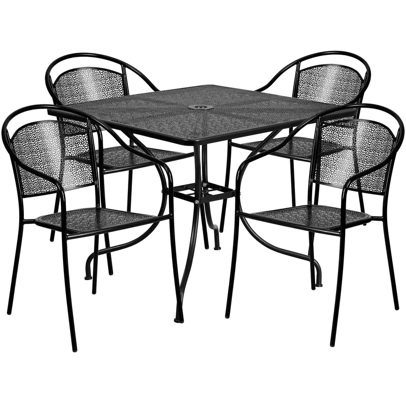 Commercial Grade 35.5" Square Black Indoor-Outdoor Steel Patio Table Set with 4 Round Back Chairs