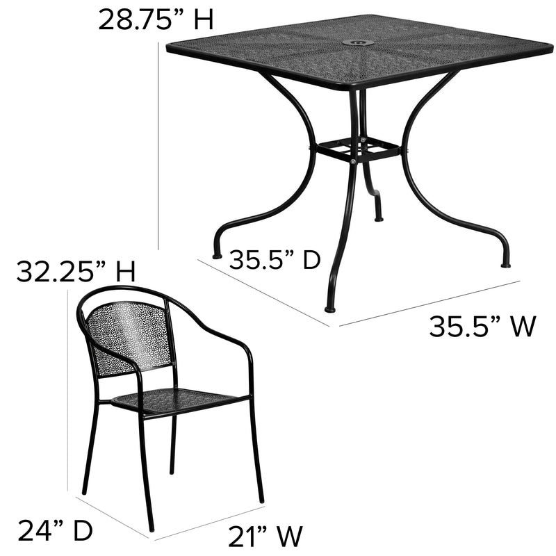 Commercial Grade 35.5" Square Black Indoor-Outdoor Steel Patio Table Set with 4 Round Back Chairs