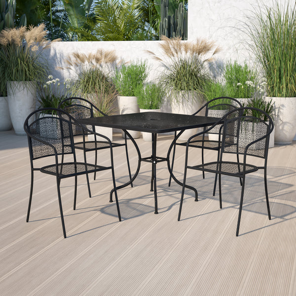 Commercial Grade 35.5" Square Black Indoor-Outdoor Steel Patio Table Set with 4 Round Back Chairs