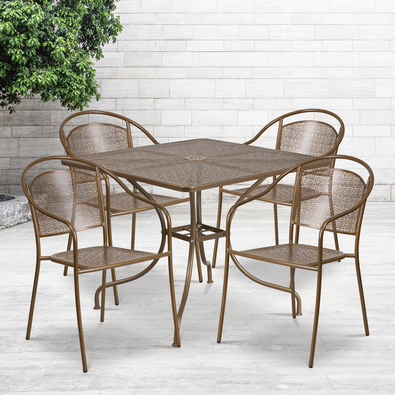 Commercial Grade 35.5" Square Gold Indoor-Outdoor Steel Patio Table Set with 4 Round Back Chairs