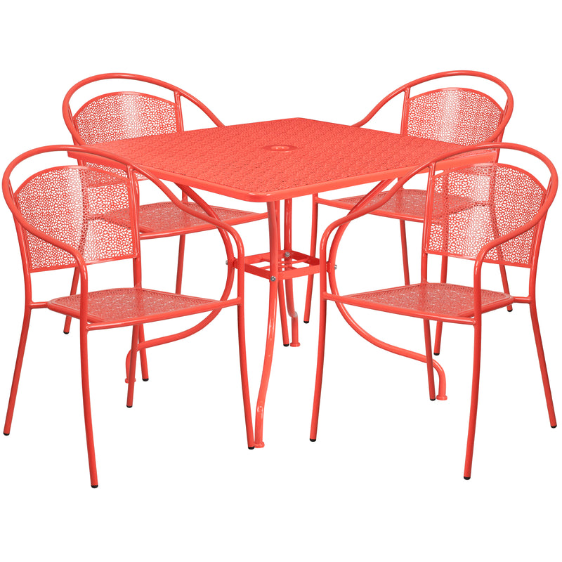 Commercial Grade 35.5" Square Coral Indoor-Outdoor Steel Patio Table Set with 4 Round Back Chairs