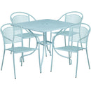 Commercial Grade 35.5" Square Sky Blue Indoor-Outdoor Steel Patio Table Set with 4 Round Back Chairs