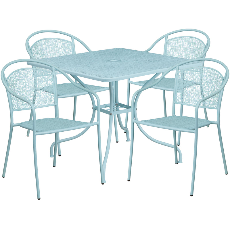 Commercial Grade 35.5" Square Sky Blue Indoor-Outdoor Steel Patio Table Set with 4 Round Back Chairs