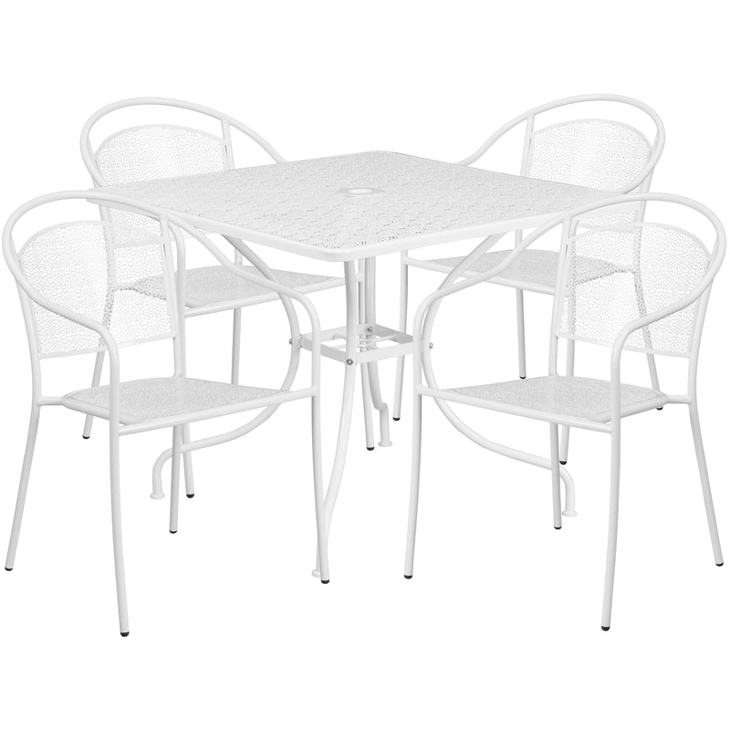 Commercial Grade 35.5" Square White Indoor-Outdoor Steel Patio Table Set with 4 Round Back Chairs