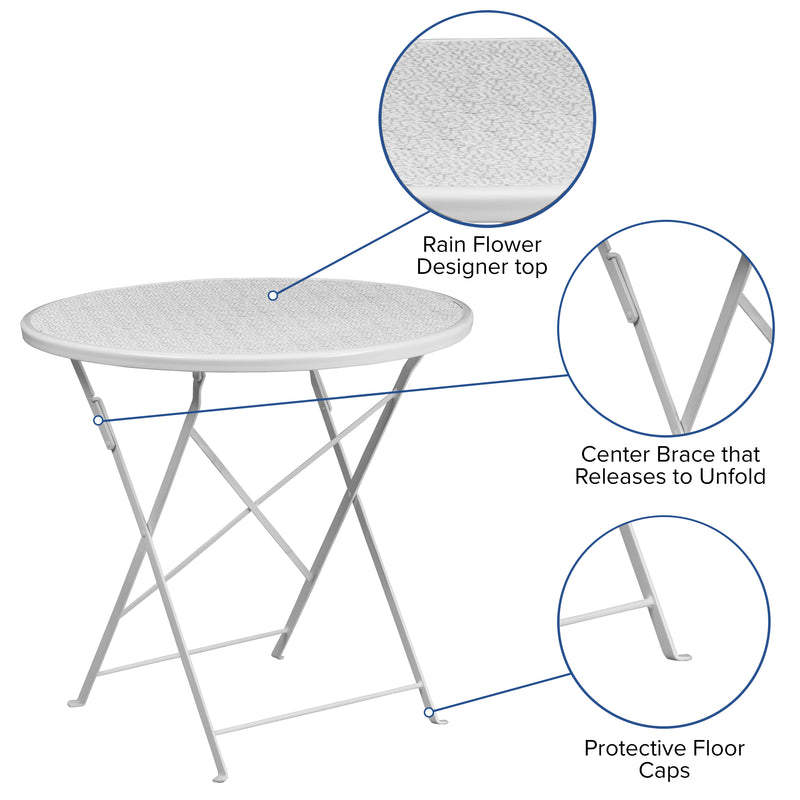 Commercial Grade 30" Round White Indoor-Outdoor Steel Folding Patio Table