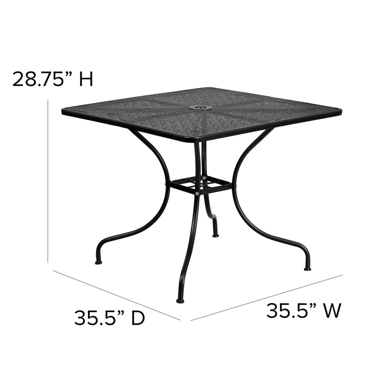 Commercial Grade 35.5" Square Black Indoor-Outdoor Steel Patio Table with Umbrella Hole