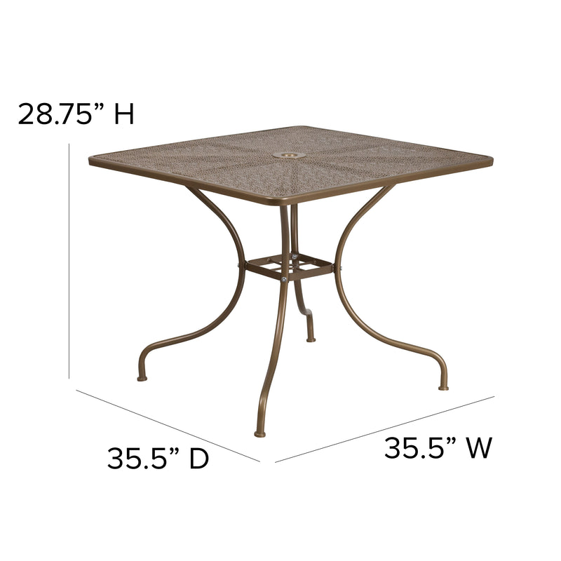 Commercial Grade 35.5" Square Gold Indoor-Outdoor Steel Patio Table with Umbrella Hole