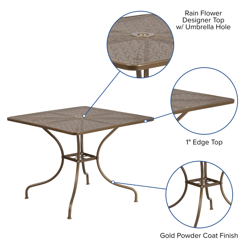 Commercial Grade 35.5" Square Gold Indoor-Outdoor Steel Patio Table with Umbrella Hole