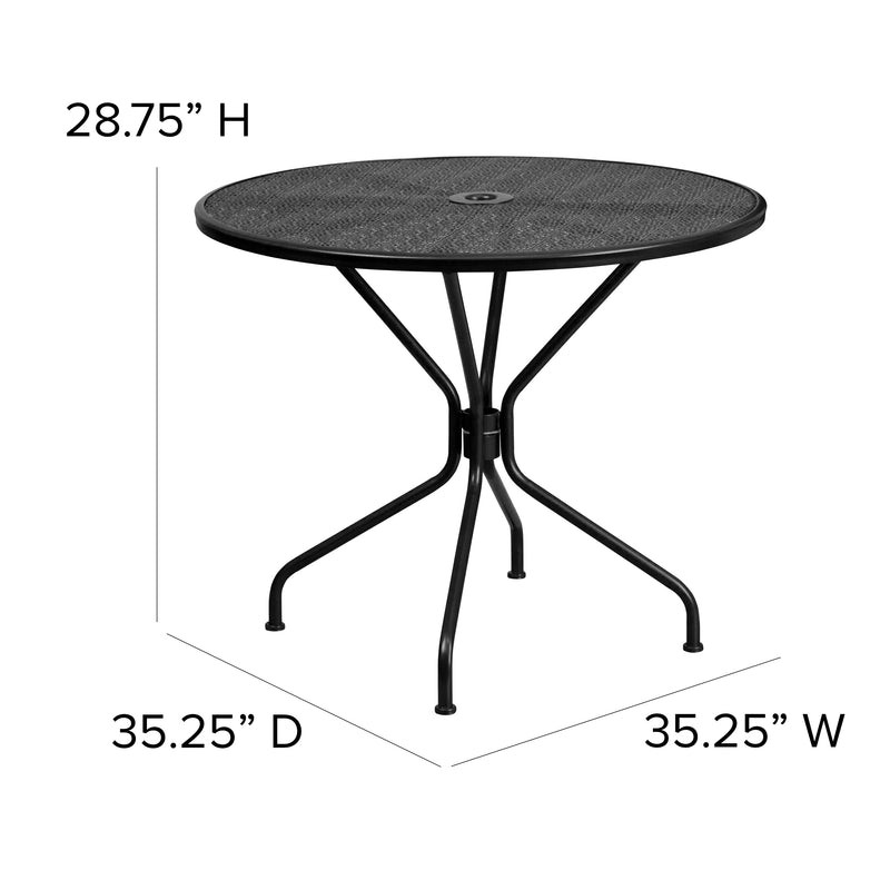 Commercial Grade 35.25" Round Black Indoor-Outdoor Steel Patio Table with Umbrella Hole