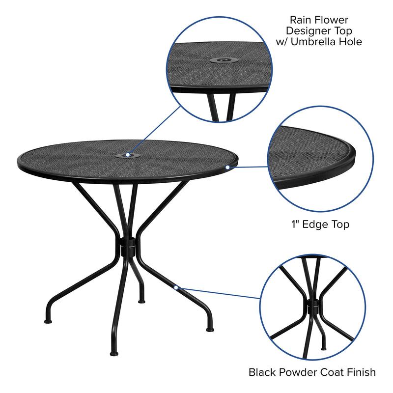 Commercial Grade 35.25" Round Black Indoor-Outdoor Steel Patio Table with Umbrella Hole