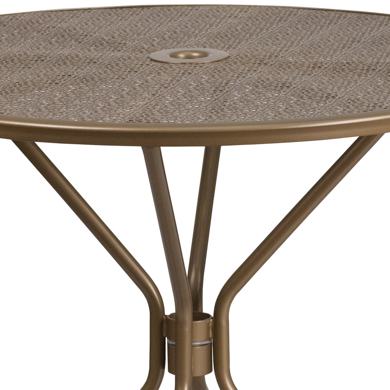 Commercial Grade 35.25" Round Gold Indoor-Outdoor Steel Patio Table with Umbrella Hole