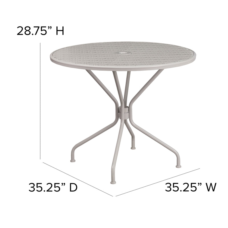 Commercial Grade 35.25" Round Light Gray Indoor-Outdoor Steel Patio Table with Umbrella Hole