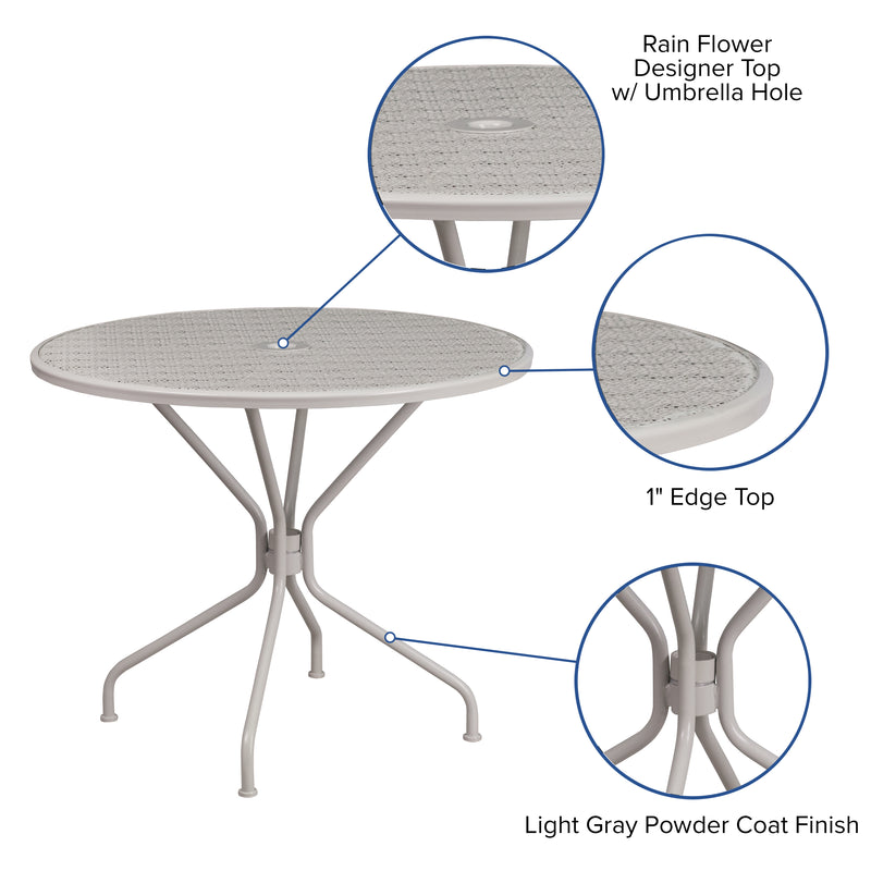 Commercial Grade 35.25" Round Light Gray Indoor-Outdoor Steel Patio Table with Umbrella Hole