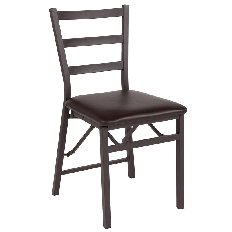 SINGLEWAVE Series Brown Folding Ladder Back Metal Chair with Brown Vinyl Seat