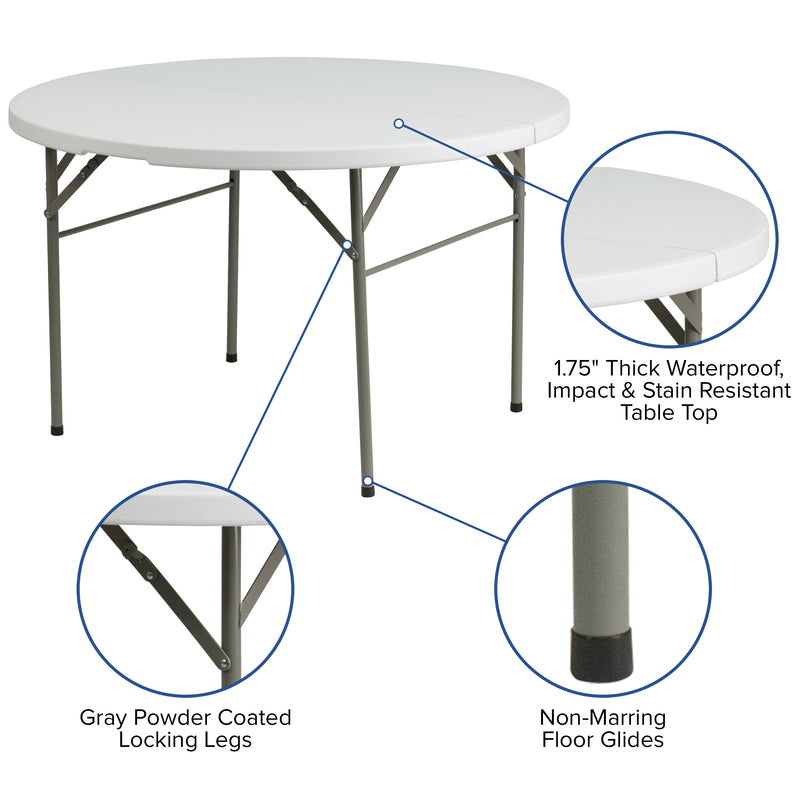 4-Foot Round Bi-Fold Granite White Plastic Banquet and Event Folding Table with Carrying Handle