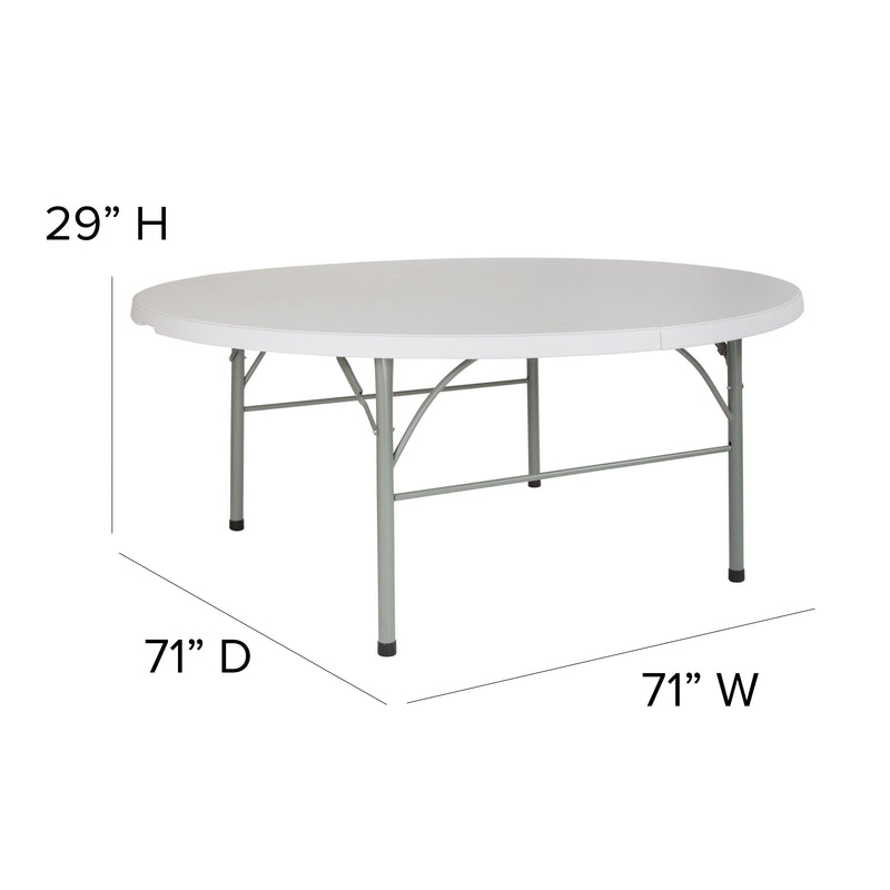 6-Foot Round Bi-Fold Granite White Plastic Banquet and Event Folding Table with Carrying Handle