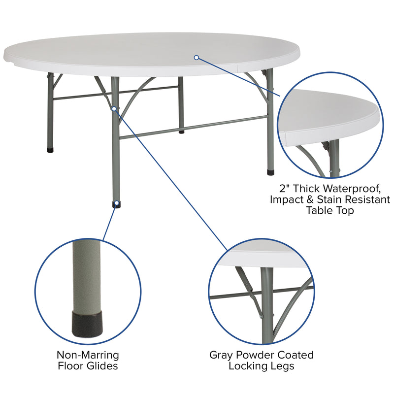 6-Foot Round Bi-Fold Granite White Plastic Banquet and Event Folding Table with Carrying Handle