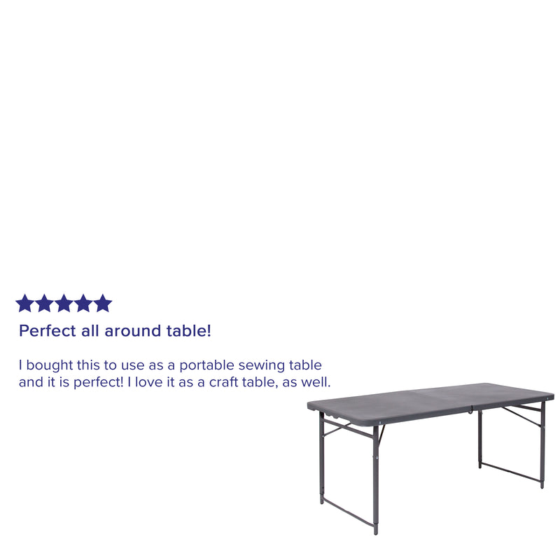 4-Foot Height Adjustable Bi-Fold Dark Gray Plastic Folding Table with Carrying Handle