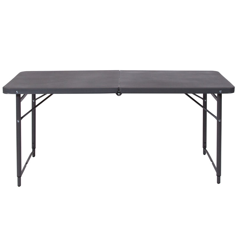 4-Foot Height Adjustable Bi-Fold Dark Gray Plastic Folding Table with Carrying Handle