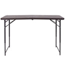 4-Foot Height Adjustable Bi-Fold Brown Wood Grain Plastic Folding Table with Carrying Handle