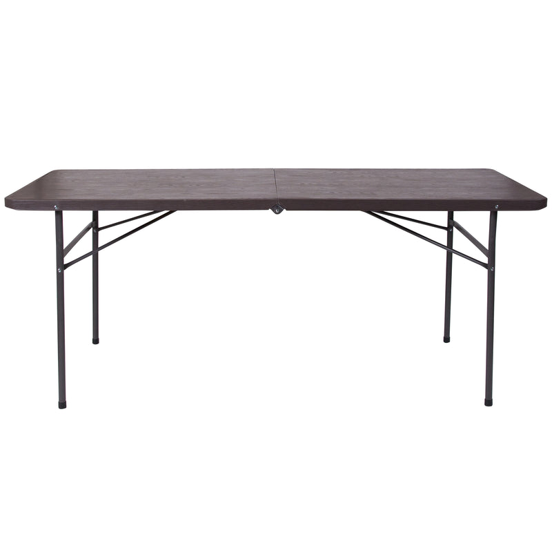 6-Foot Bi-Fold Brown Wood Grain Plastic Folding Table with Carrying Handle