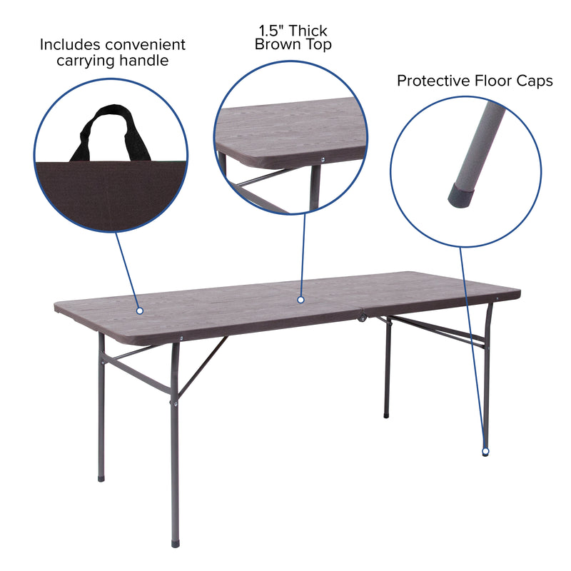 6-Foot Bi-Fold Brown Wood Grain Plastic Folding Table with Carrying Handle