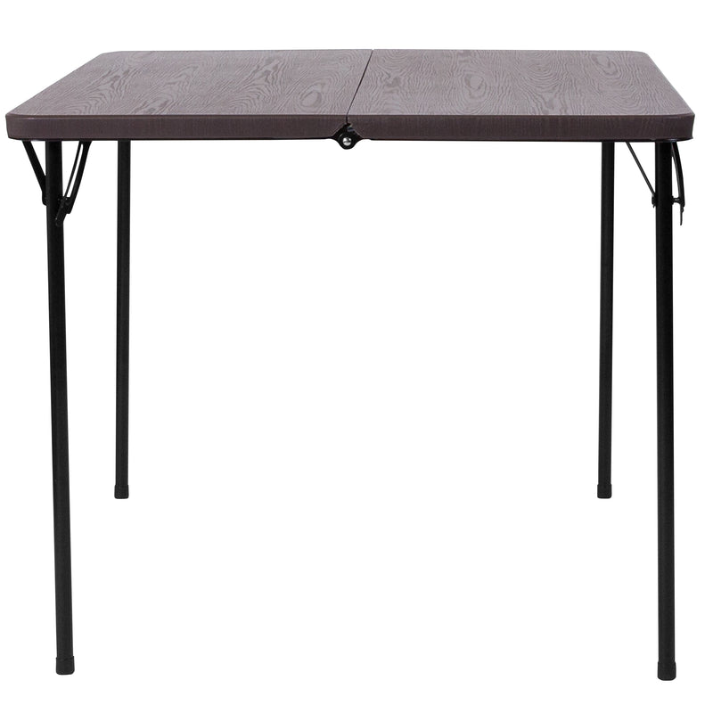 2.83-Foot Square Bi-Fold Brown Wood Grain Plastic Folding Table with Carrying Handle