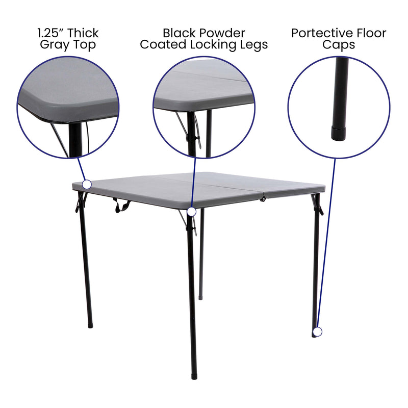 2.83-Foot Square Bi-Fold Gray Plastic Folding Table with Carrying Handle