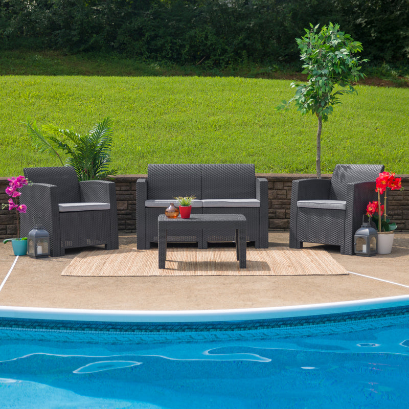 4 Piece Outdoor Faux Rattan Chair, Loveseat and Table Set in Dark Gray