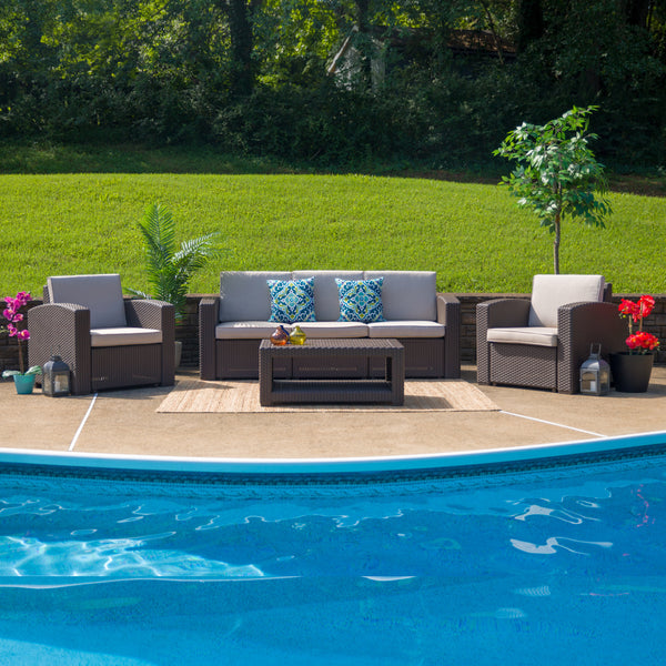 4 Piece Outdoor Faux Rattan Chair, Sofa and Table Set in Chocolate Brown