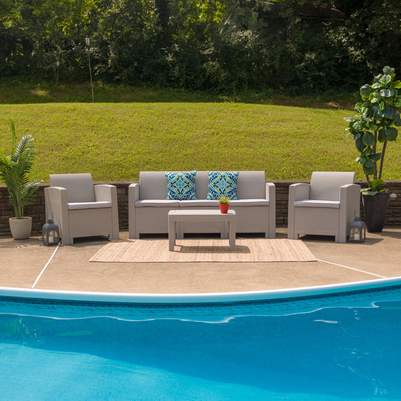 4 Piece Outdoor Faux Rattan Chair, Sofa and Table Set in Light Gray