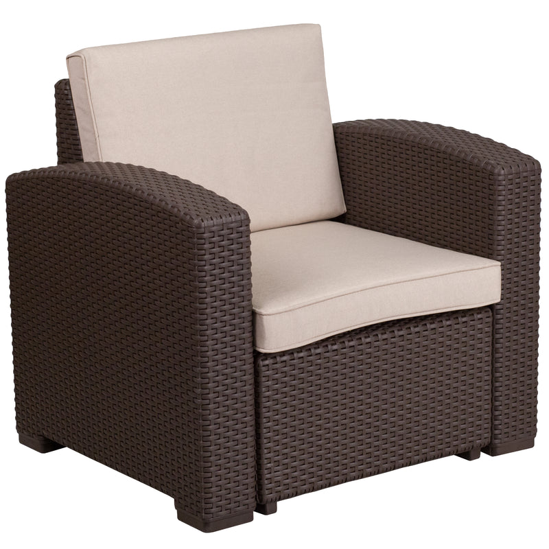 Chocolate Brown Faux Rattan Chair with All-Weather Beige Cushion