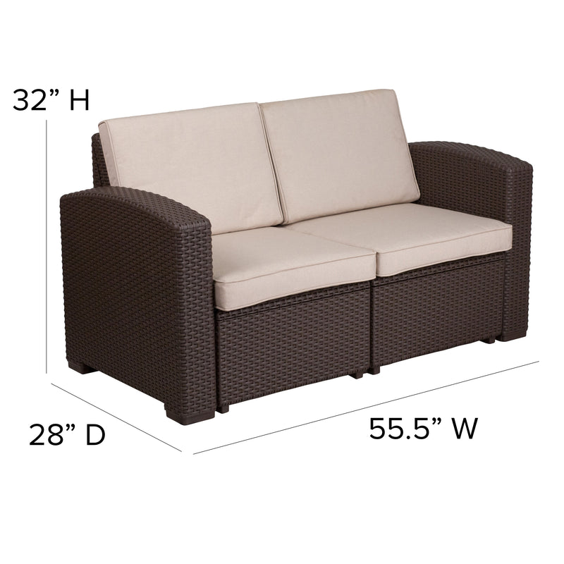 Chocolate Brown Faux Rattan Loveseat with All-Weather Beige Cushions