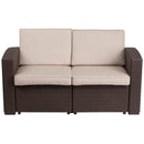 Chocolate Brown Faux Rattan Loveseat with All-Weather Beige Cushions
