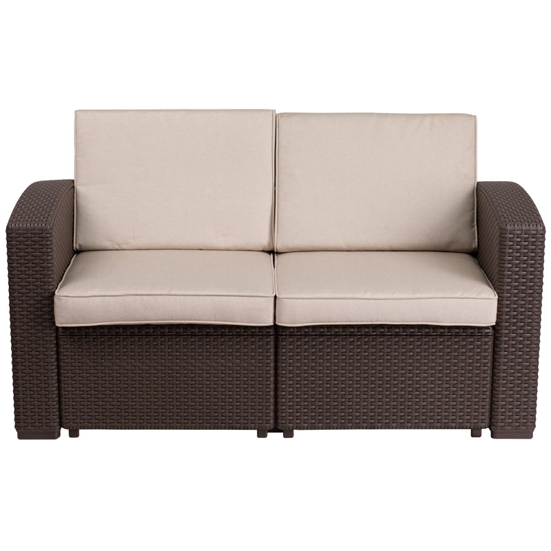 Chocolate Brown Faux Rattan Loveseat with All-Weather Beige Cushions