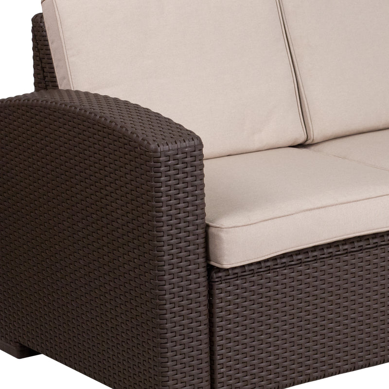 Chocolate Brown Faux Rattan Loveseat with All-Weather Beige Cushions