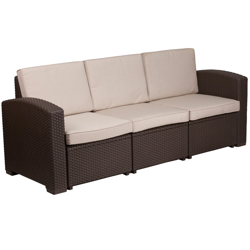 Chocolate Brown Faux Rattan Sofa with All-Weather Beige Cushions