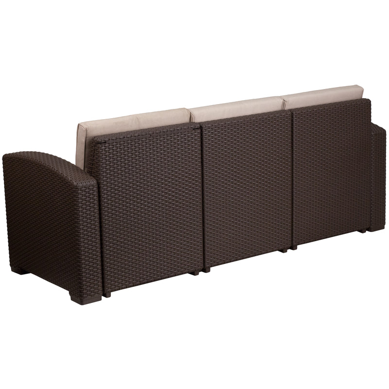 Chocolate Brown Faux Rattan Sofa with All-Weather Beige Cushions