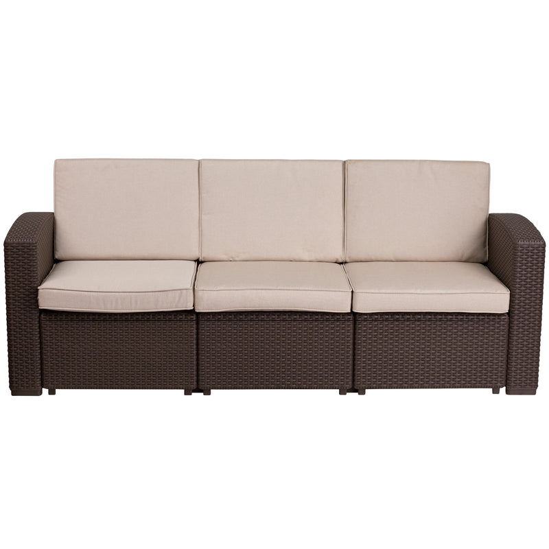 Chocolate Brown Faux Rattan Sofa with All-Weather Beige Cushions