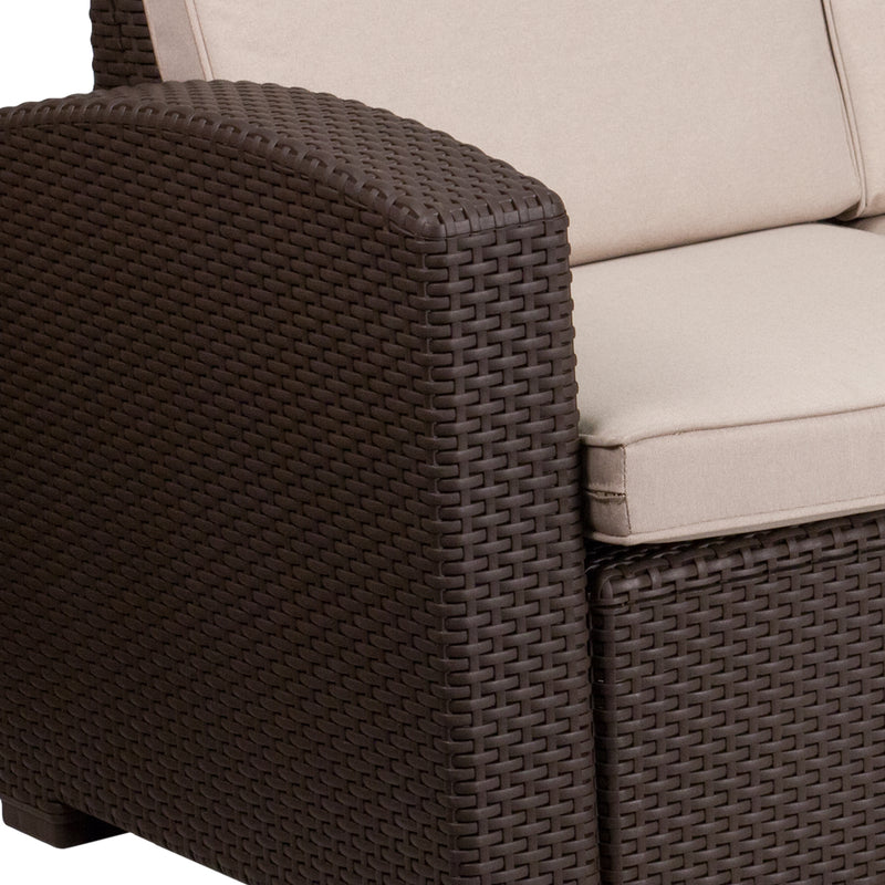 Chocolate Brown Faux Rattan Sofa with All-Weather Beige Cushions