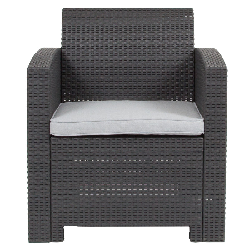 Dark Gray Faux Rattan Chair with All-Weather Light Gray Cushion