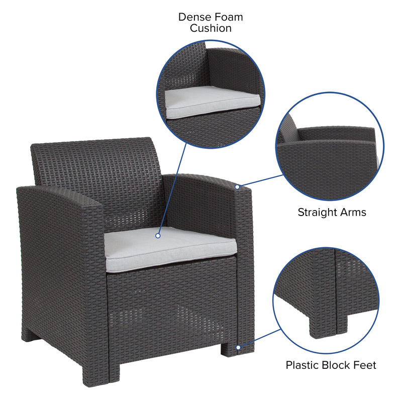 Dark Gray Faux Rattan Chair with All-Weather Light Gray Cushion