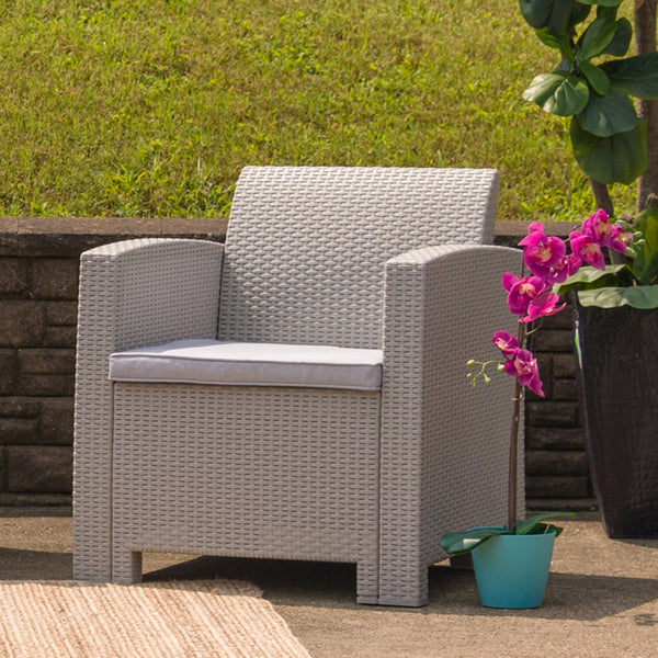 Light Gray Faux Rattan Chair with All-Weather Light Gray Cushion