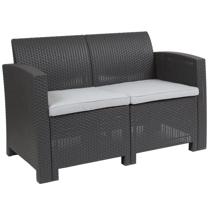 Dark Gray Faux Rattan Loveseat with All-Weather Light Gray Cushions