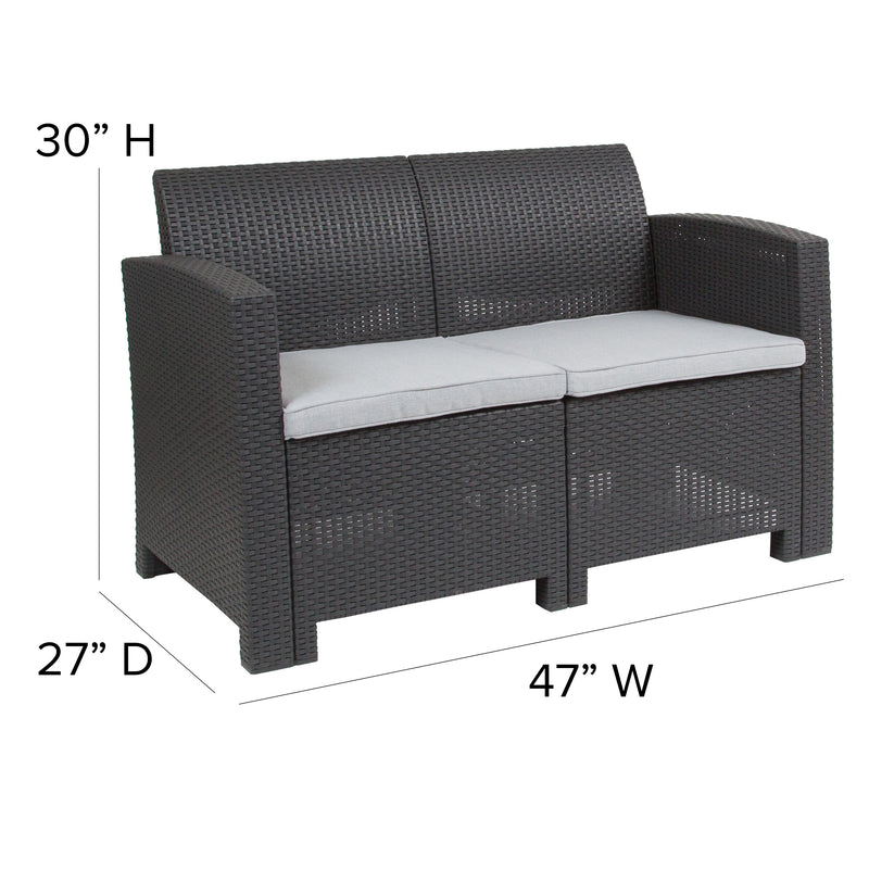 Dark Gray Faux Rattan Loveseat with All-Weather Light Gray Cushions