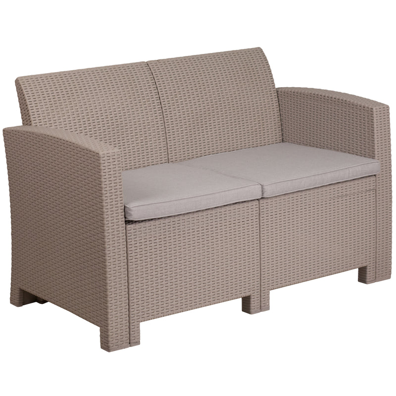 Light Gray Faux Rattan Loveseat with All-Weather Light Gray Cushions