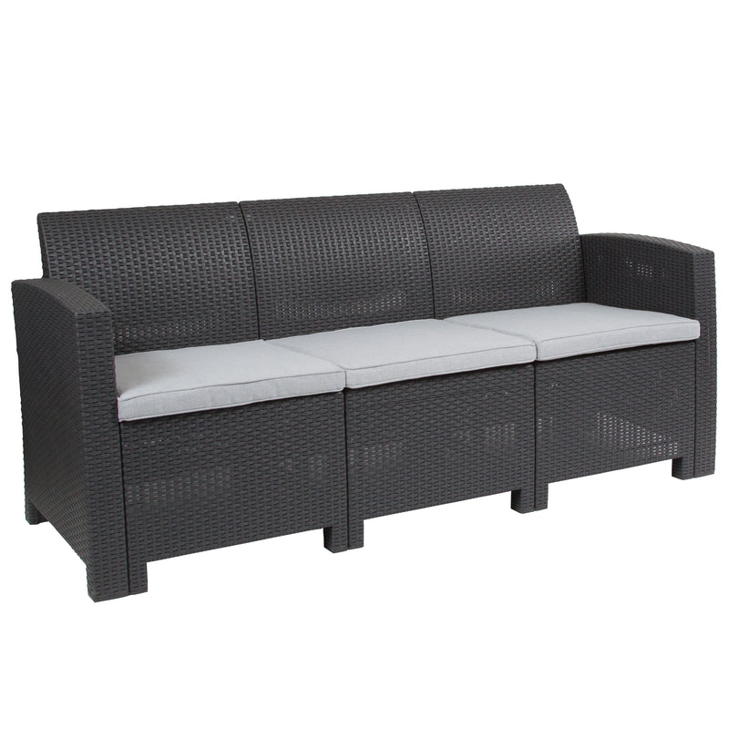 Dark Gray Faux Rattan Sofa with All-Weather Light Gray Cushions