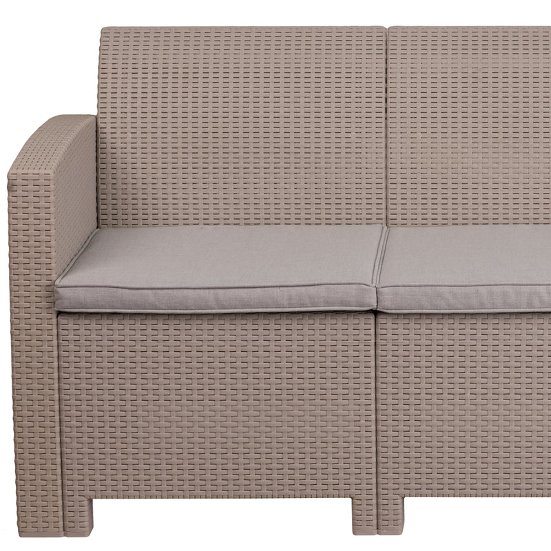 Light Gray Faux Rattan Sofa with All-Weather Light Gray Cushions